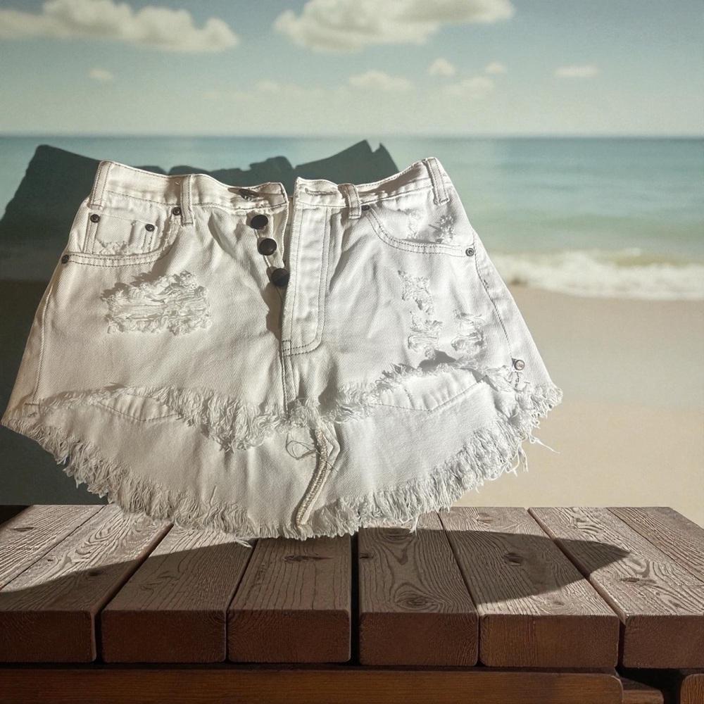 One Teaspoon Ivory Distressed Denim Skirt